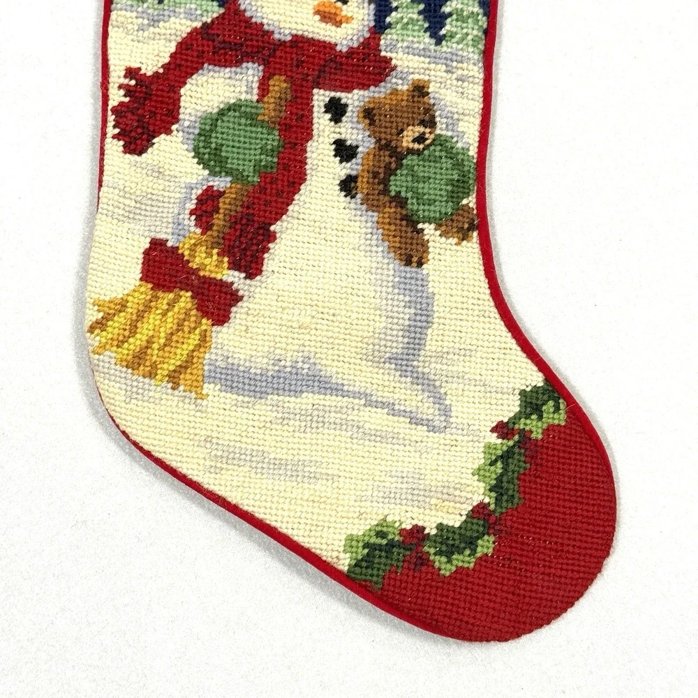 Vintage Christmas‎ Stocking Needlepoint Frosty Snowman Teddy Bear Wool Velvet